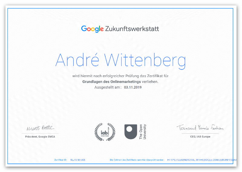 Andre Wittenberg Google Zertifikat